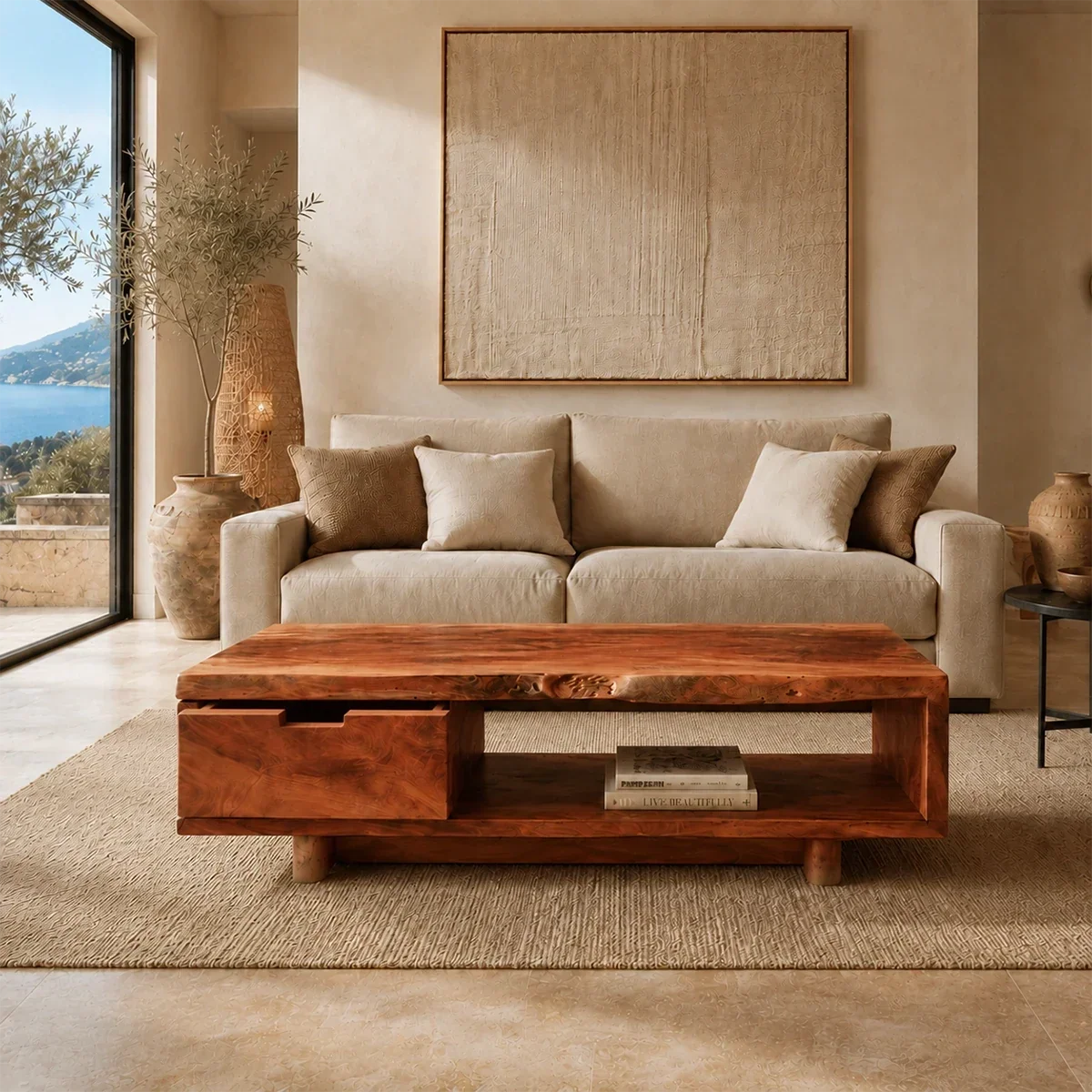 Living room coffee table with practical storage and a sculpted block silhouette