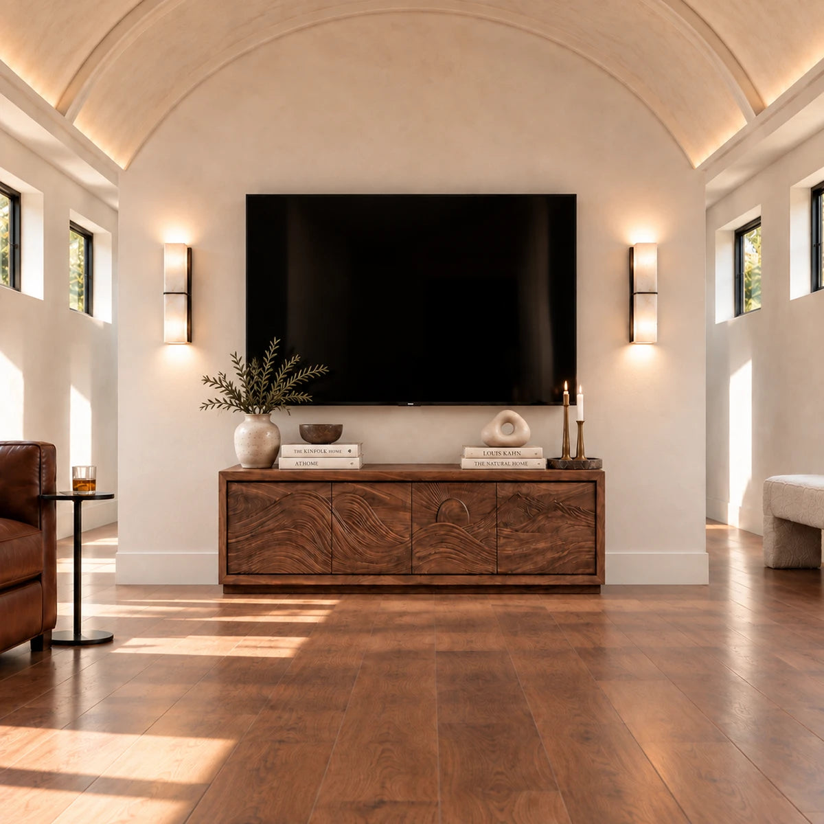 Wide entertainment console in solid wood with textured landscape panel detailing