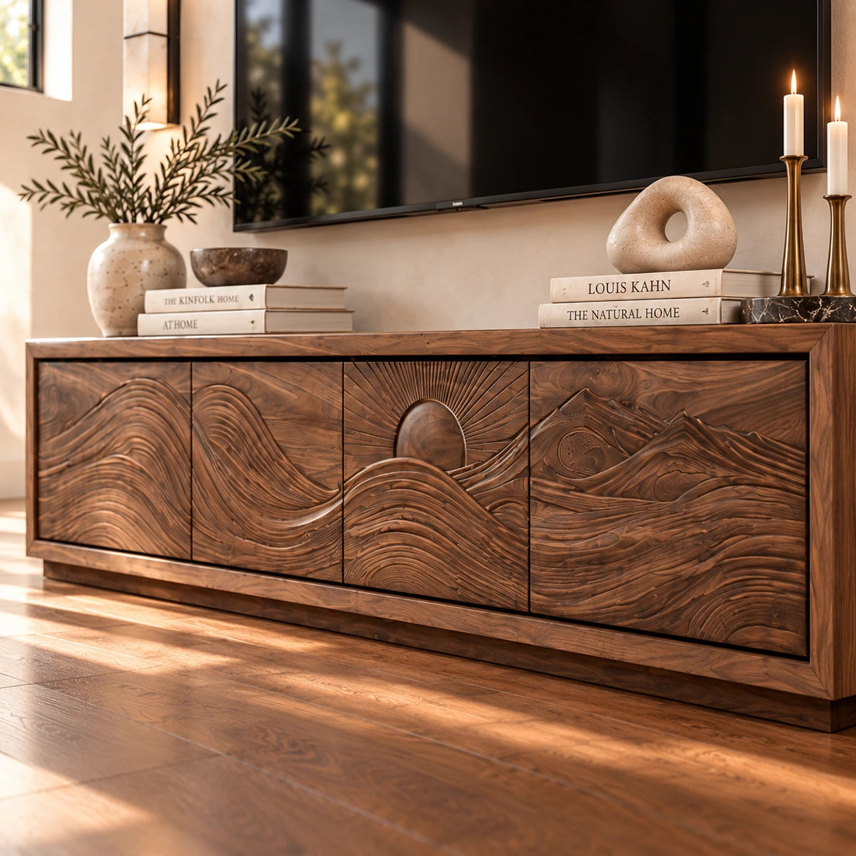Low-profile TV console in solid wood with wave carving and streamlined storage base