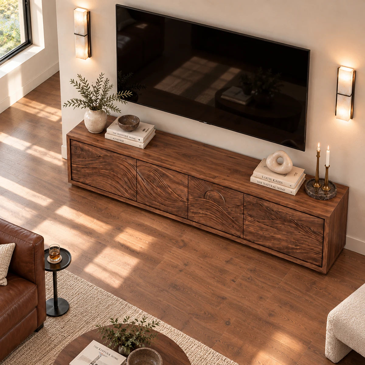 Minimalist TV cabinet in solid wood with carved sunset motif and clean storage base