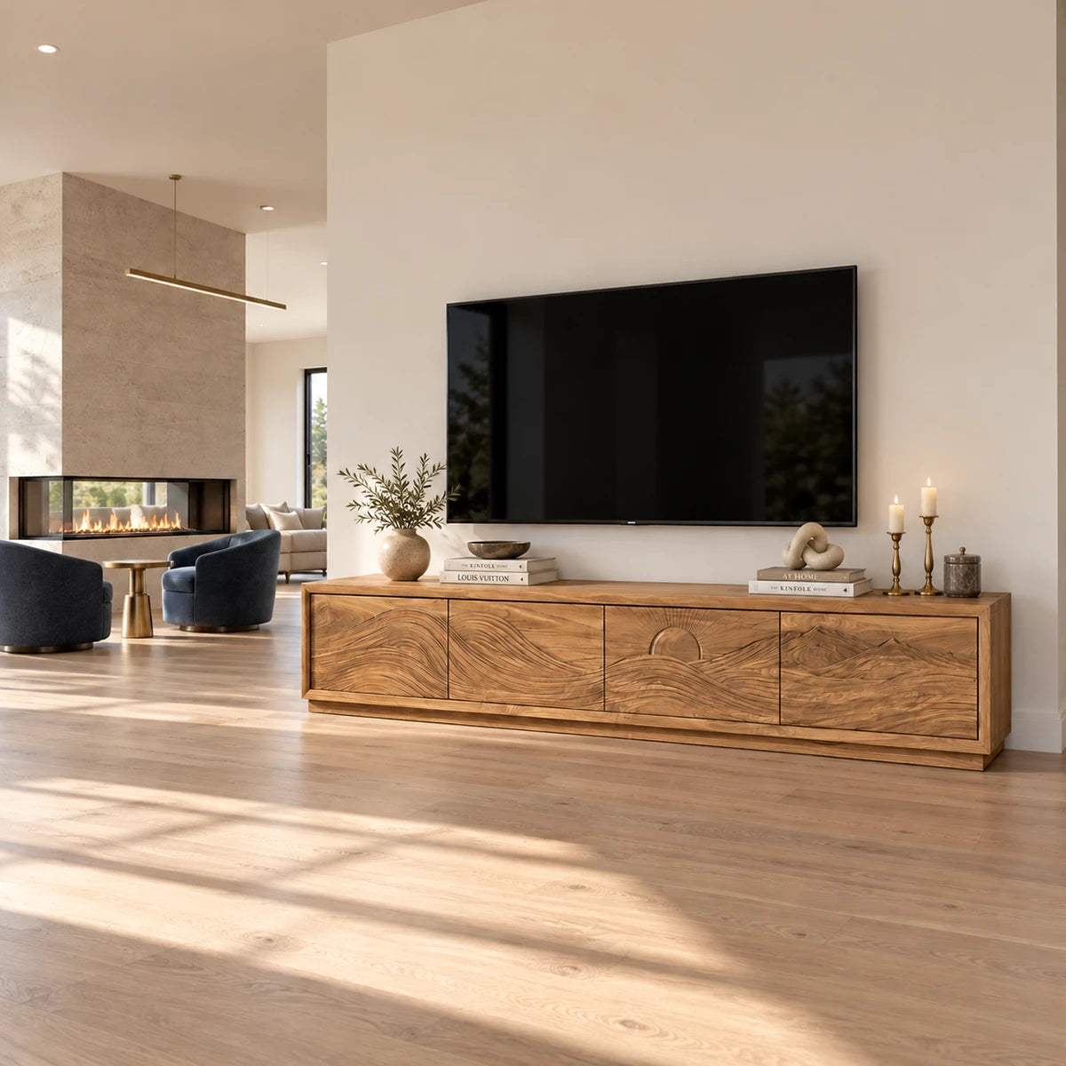 Architectural media stand in solid wood with carved horizon motif and long profile