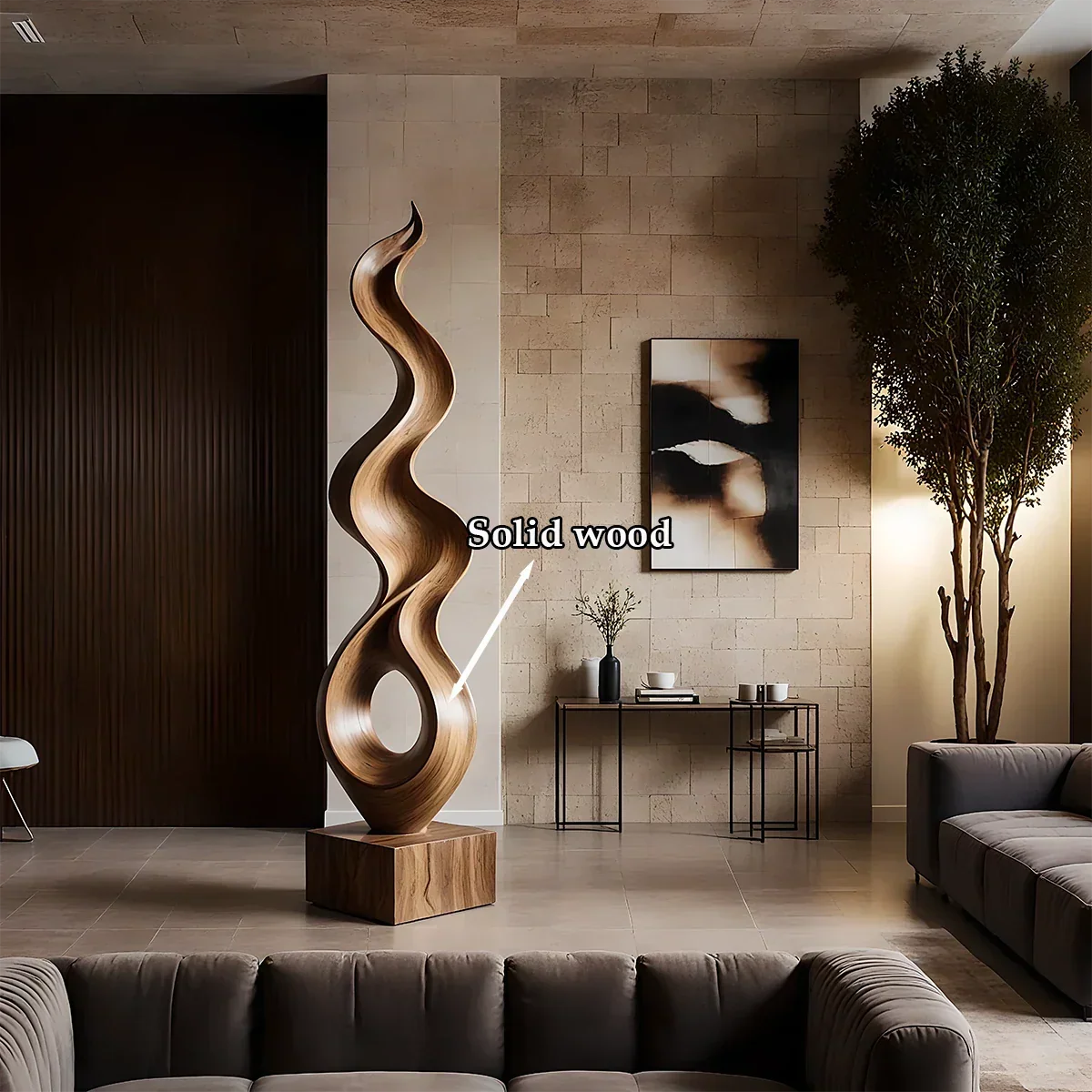 Tall Abstract Wood Sculpture with Flowing Ribbon Form and Hollow Loop Detail - ArborisWood - 10