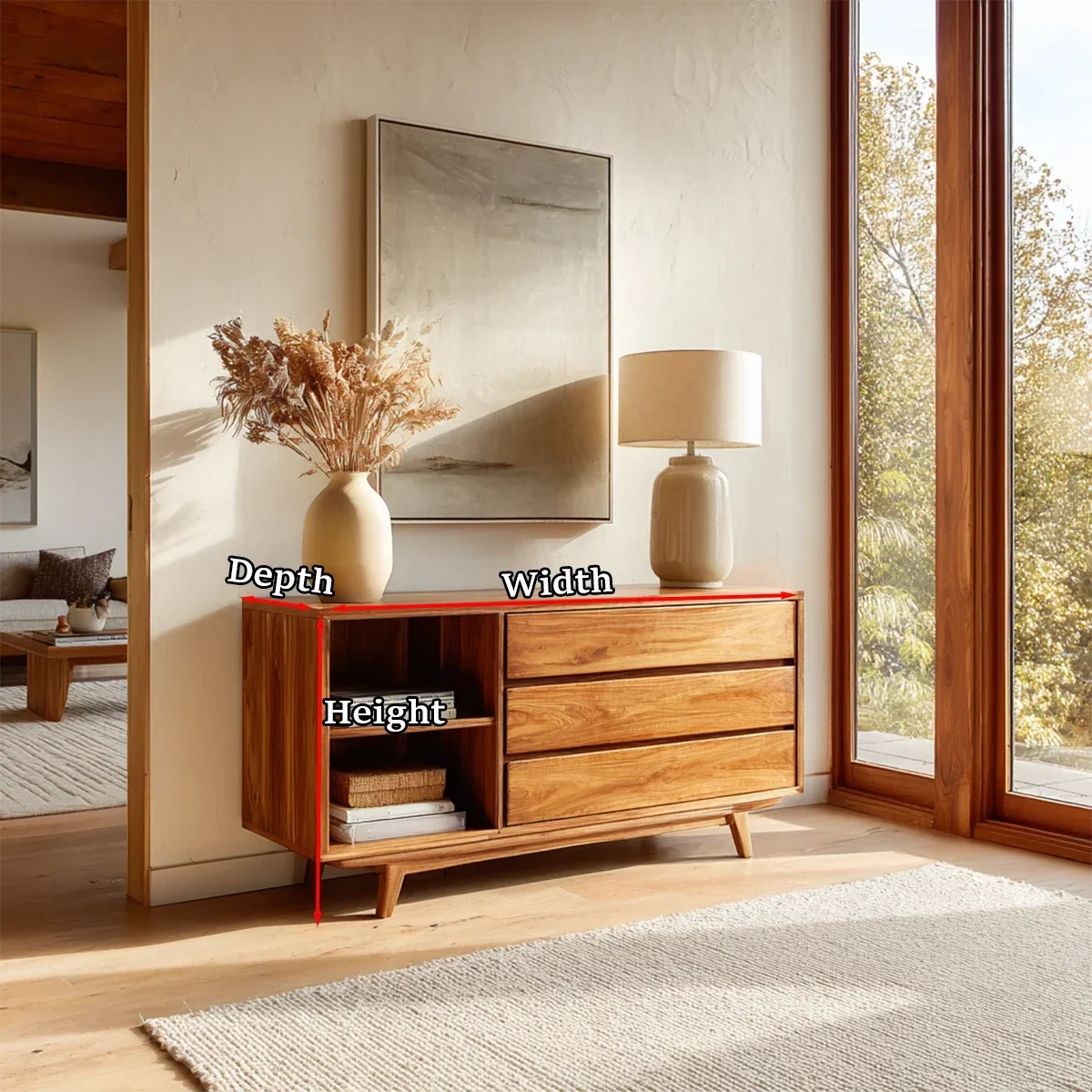 Three Drawer Console Table With Open Shelf in Natural Solid Wood - ArborisWood - 10