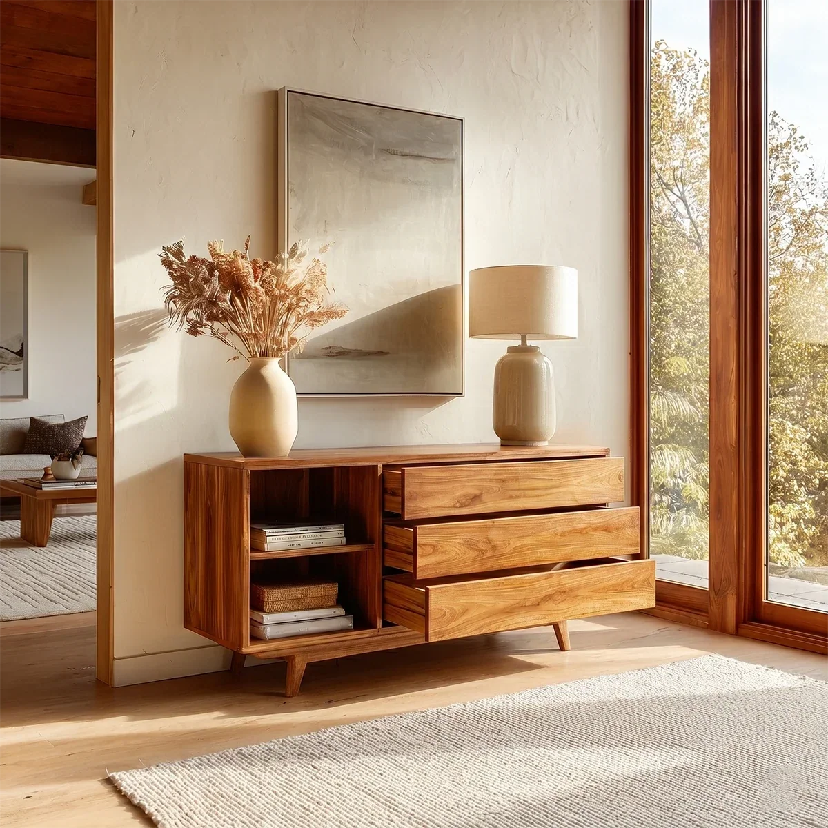 Three Drawer Console Table With Open Shelf in Natural Solid Wood - ArborisWood - 4