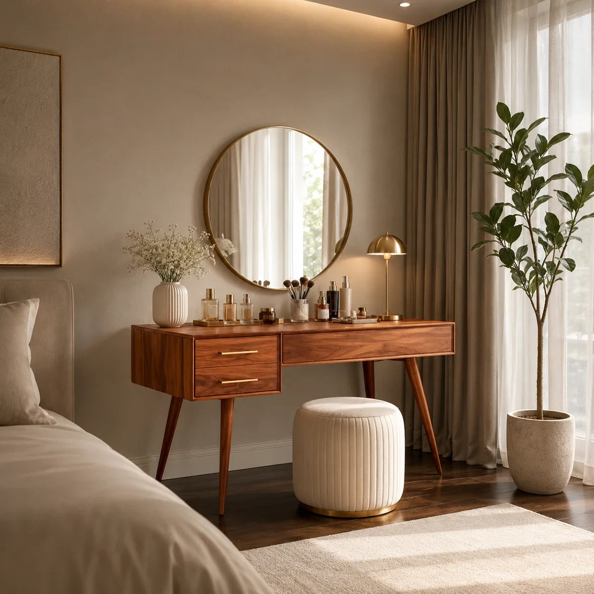 Sculptural makeup vanity with three drawers and warm wood tone finish in a bedroom