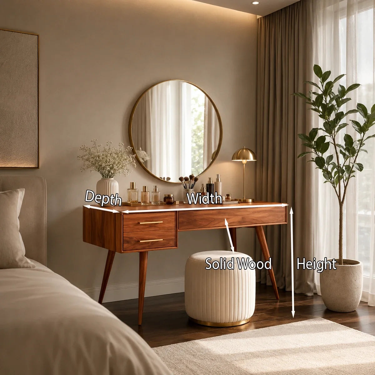 Beauty desk with three drawers and warm wood tone for elegant everyday room styling