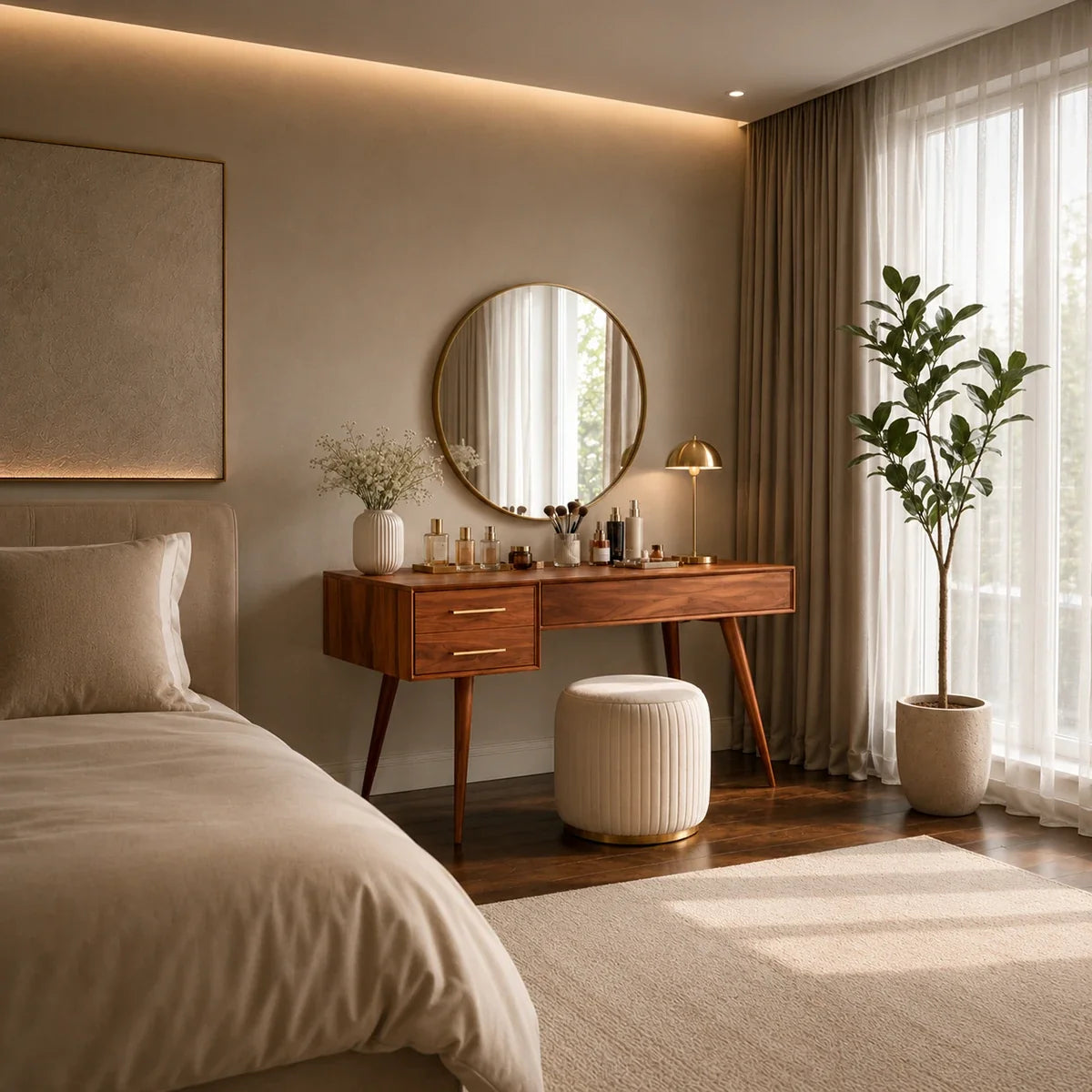 Modern dressing table with slim tapered legs and practical drawer storage indoors