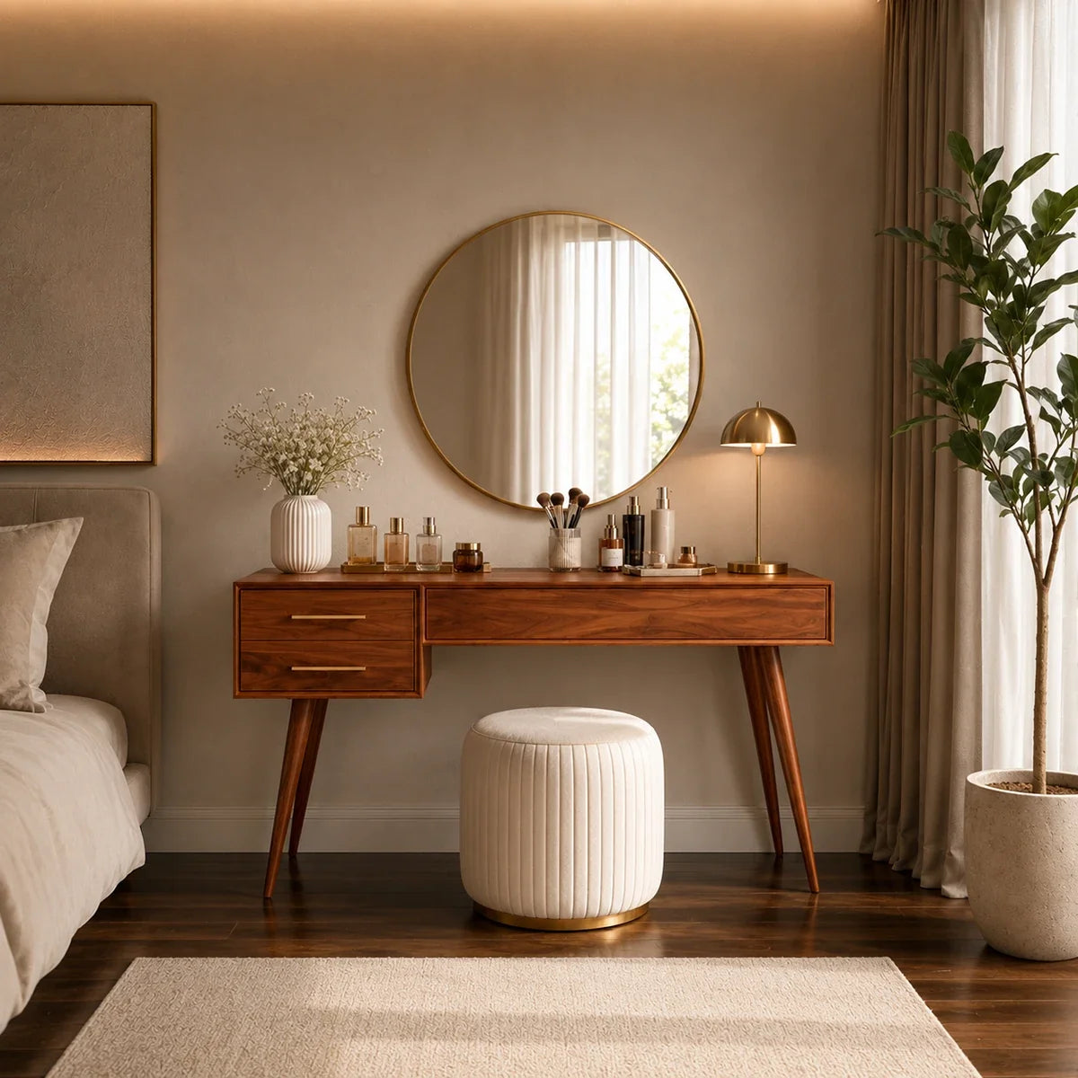 Bedroom vanity desk featuring two side drawers and a wide center drawer for cosmetics