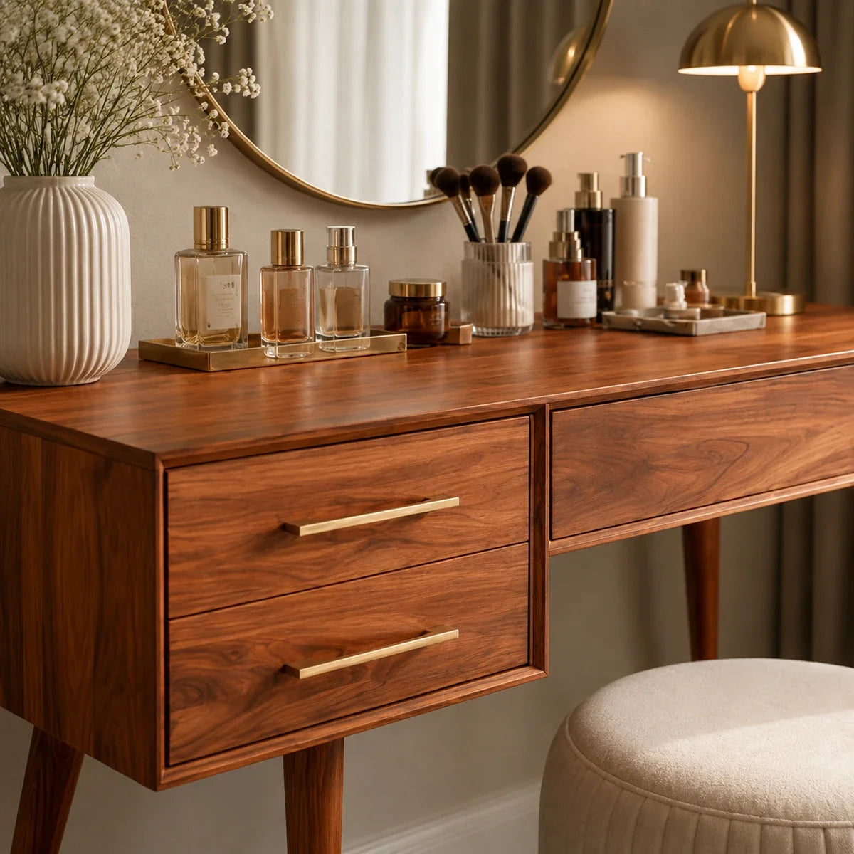 Cosmetic vanity table styled beneath a round mirror in a calm contemporary bedroom