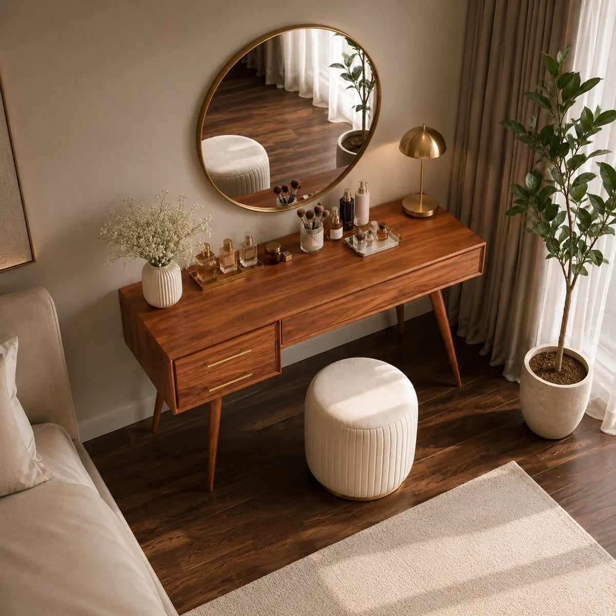 Designer makeup table with visible grain and brass handles in a refined interior