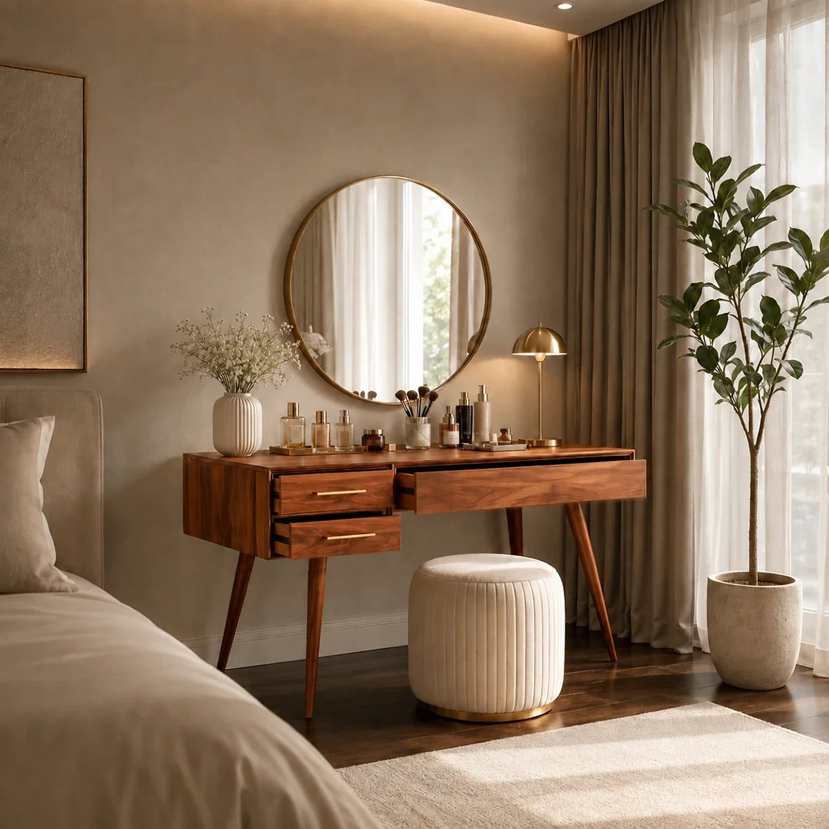 Minimalist vanity desk with three drawers and angled legs for daily beauty routines