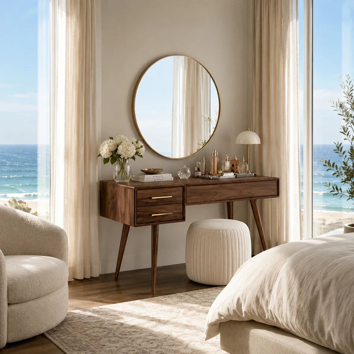 Luxury dressing table with warm finish and compact storage beside a soft vanity stool