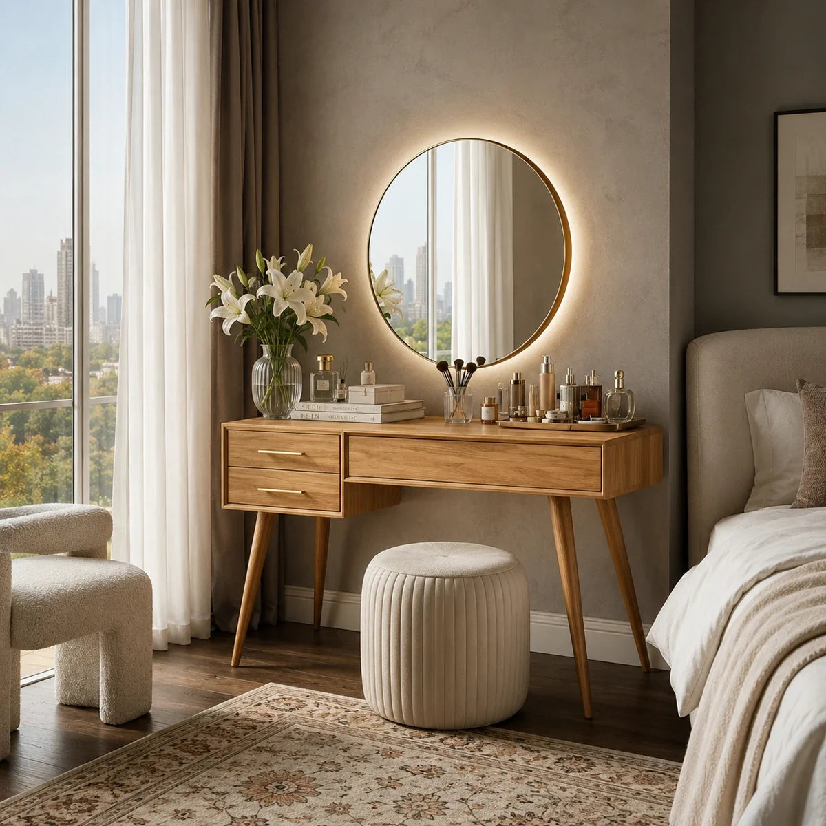 Contemporary makeup vanity showcases clean lines and useful drawer storage indoors