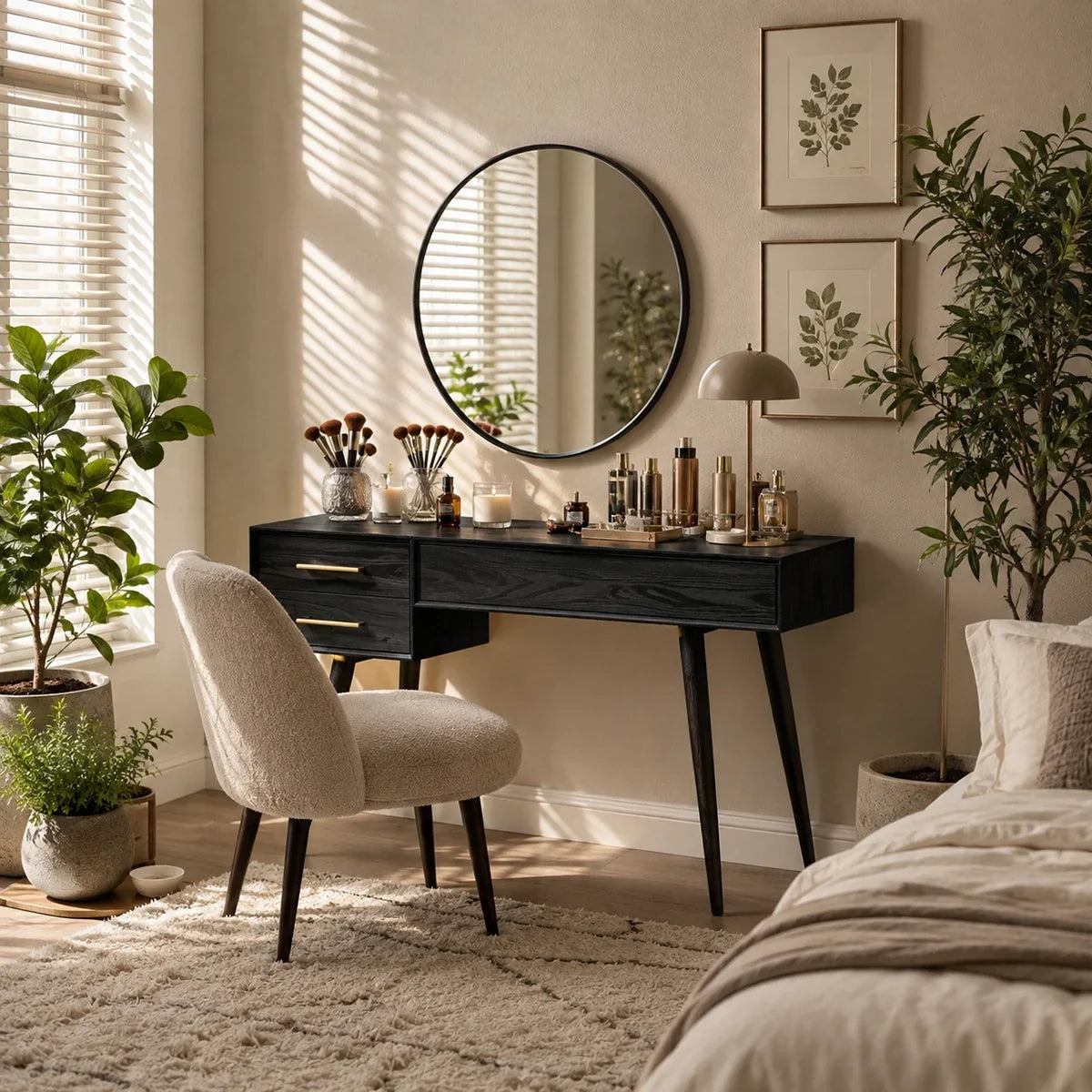 Vanity table with slim legs and organized makeup storage in a bright neutral bedroom