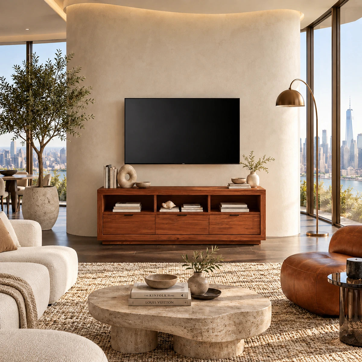 Classic home entertainment unit with drawers and open shelf space for storage needs