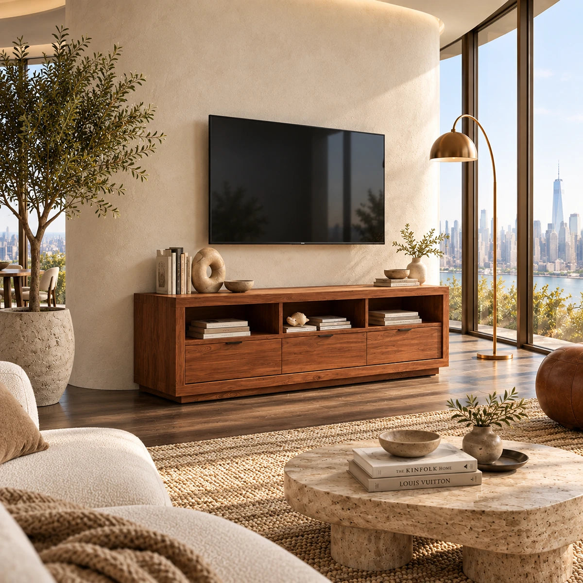Elegant entertainment center with open cubbies and three drawers for media storage