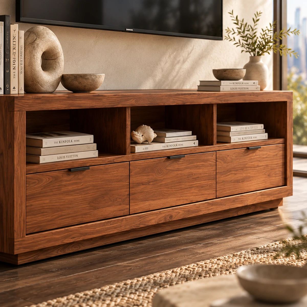 Low TV console with open display shelves and three drawers in a sleek low profile