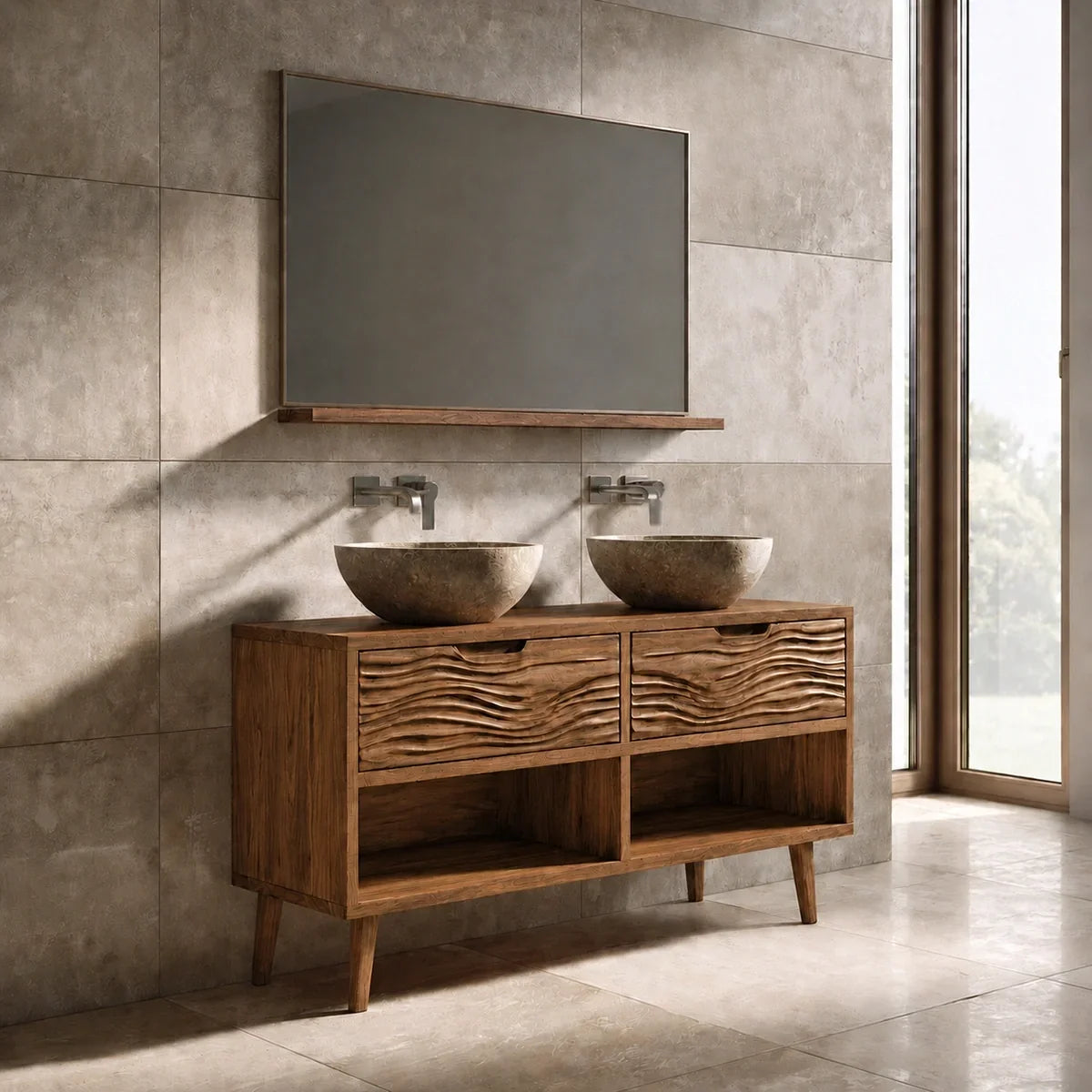 Traditional Natural Solid Wood Bathroom Vanity with Hand-Carved Wave Drawers - Arboriswood - 7