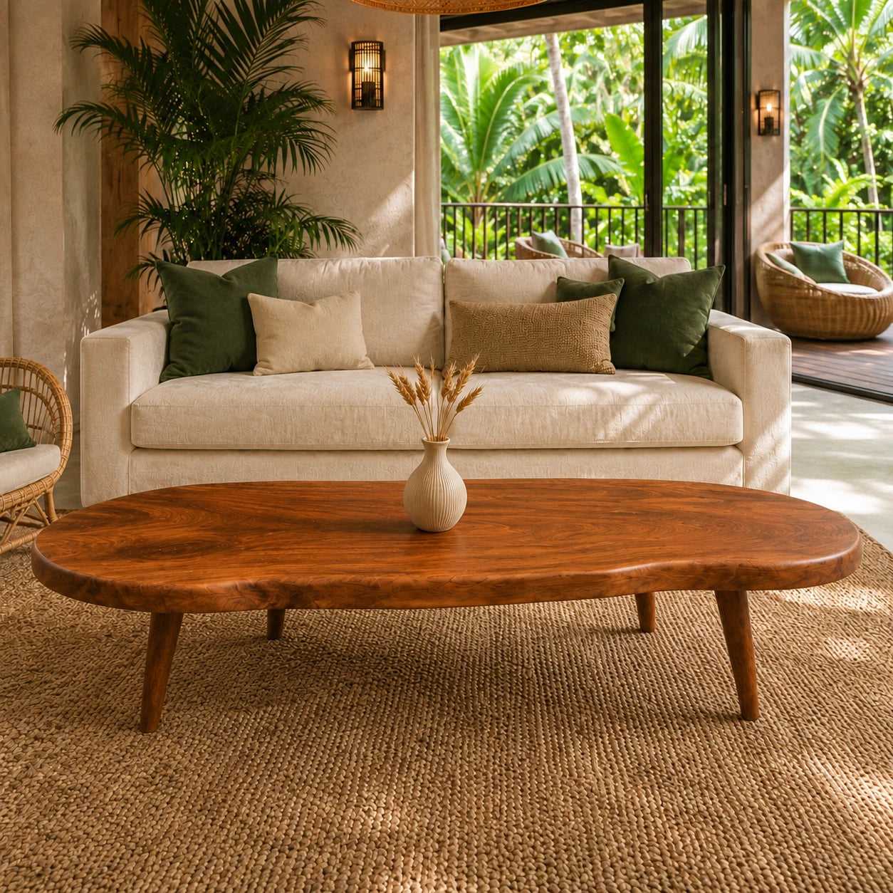 Designer coffee table with fluid lines and handcrafted solid wood construction details