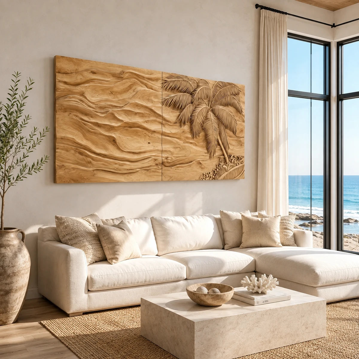 Handcrafted wall sculpture with organic grooves adds interest to coastal interiors