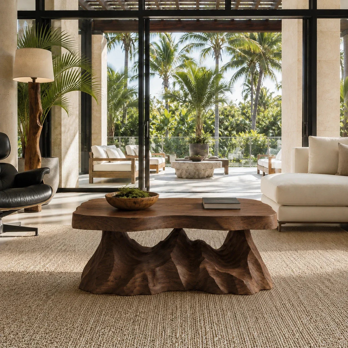 Artisan coffee table with organic lines and a hand carved base for luxe interiors