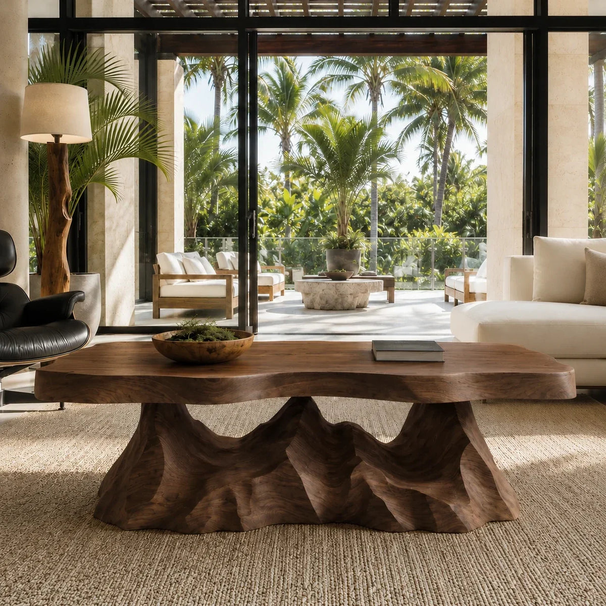 Luxury coffee table with carved pedestal detailing and an artistic natural wood top
