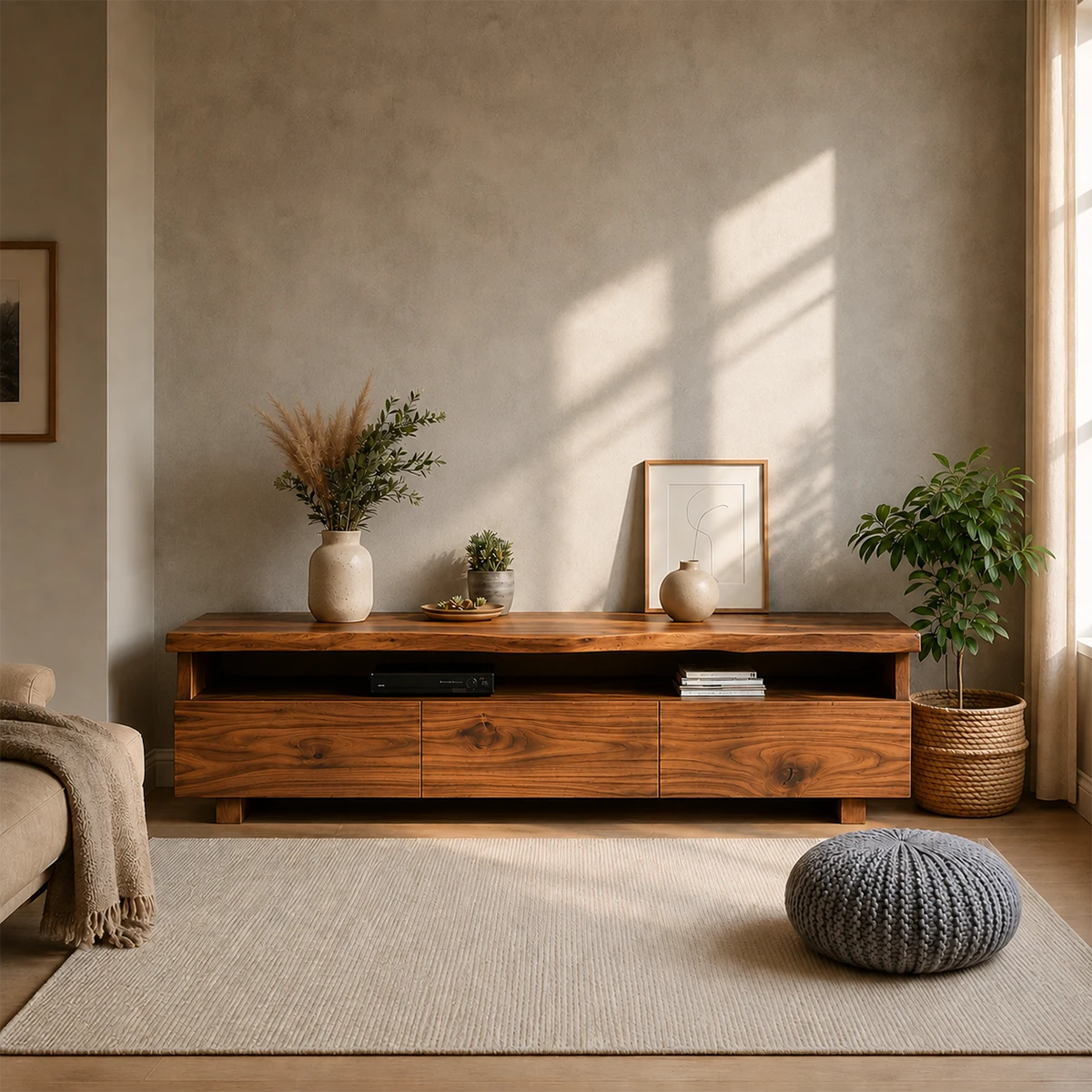 TV Stand with Storage Drawers and Open Shelf in Natural Solid Wood - ArborisWood - 17