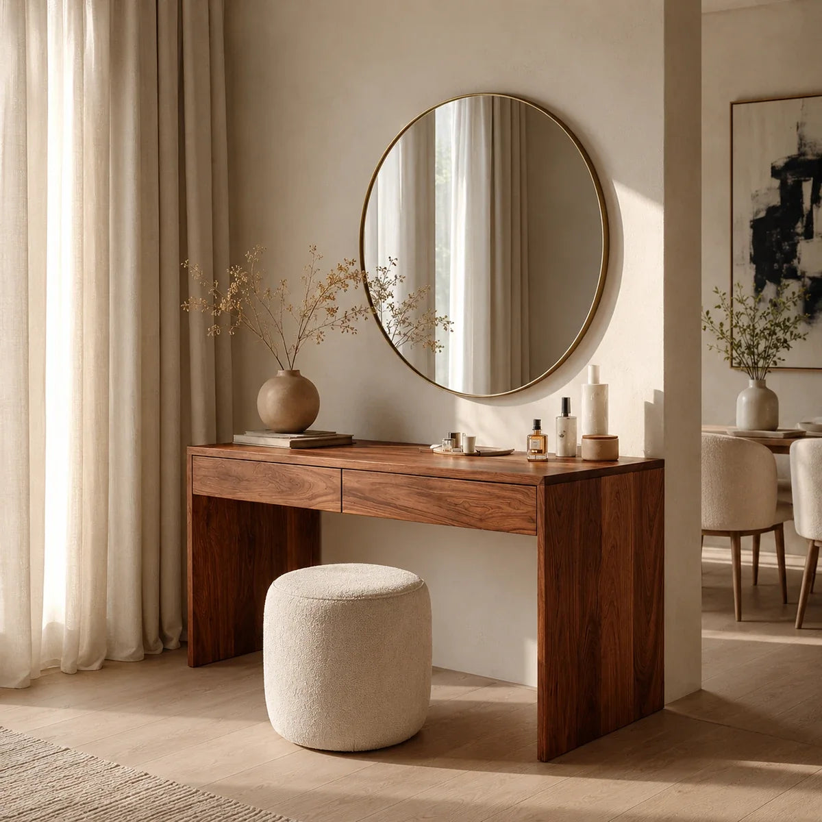 Minimalist dressing table with clean lines and hidden storage beneath a round mirror