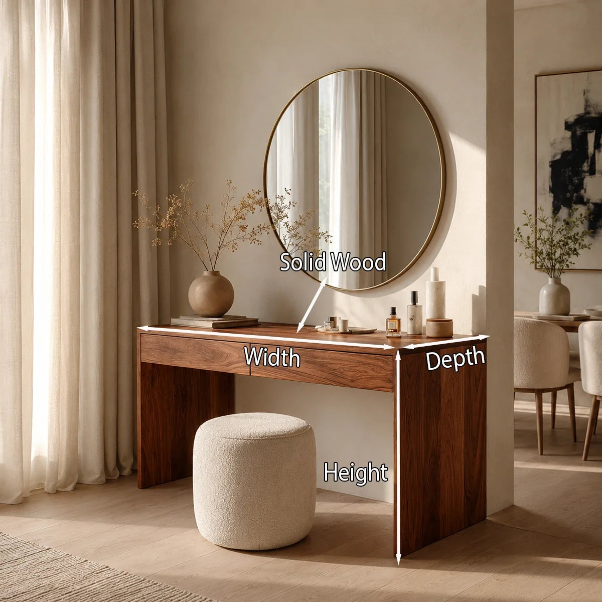 Beauty desk with minimalist storage and warm wood tone beside a soft upholstered stool