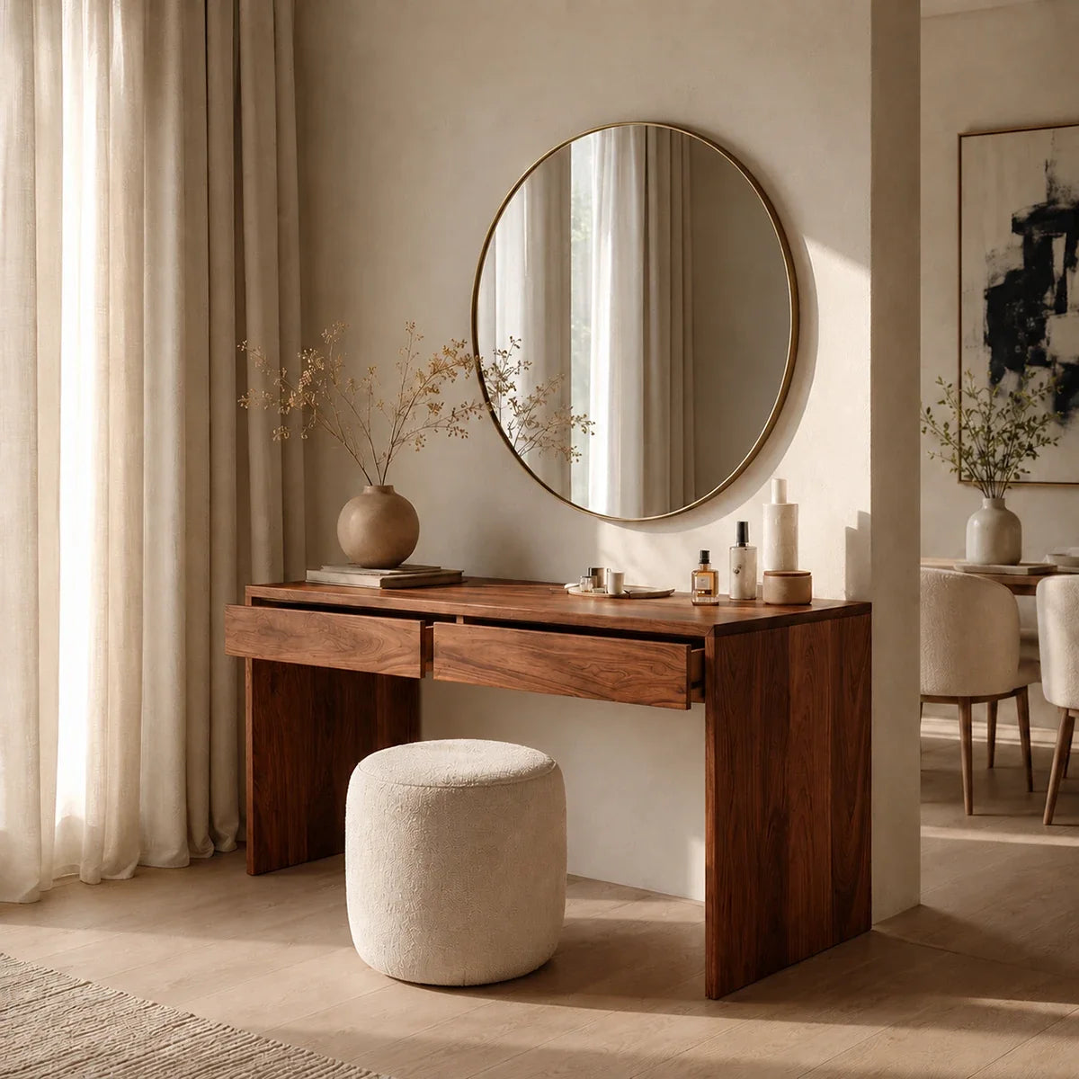 Contemporary vanity desk with dual drawers and straight side panels for modern rooms
