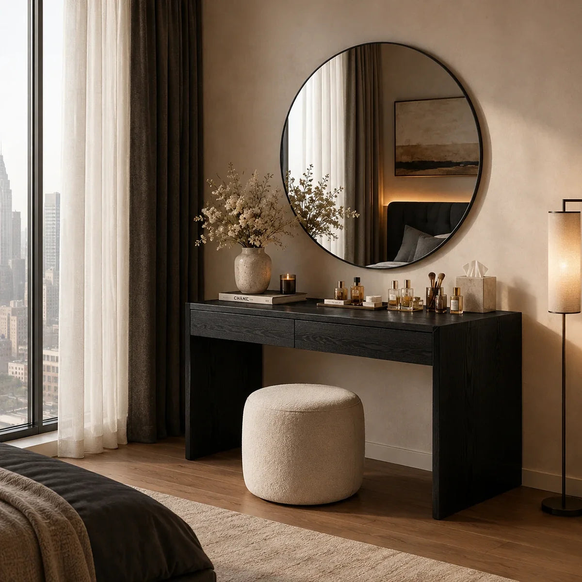 Vanity table with broad top and subtle drawer fronts in a bright neutral home setting