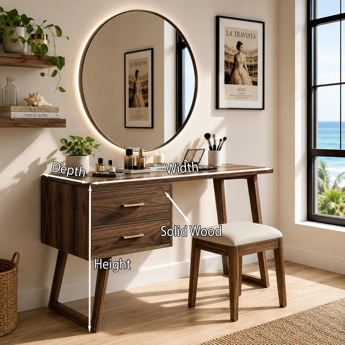 Beauty desk with dark wood tone finish and practical storage in an airy dressing area