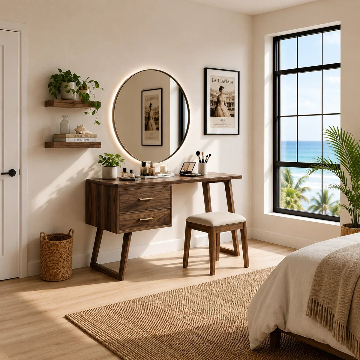Bedroom dressing table with side storage and slim legs beside a large round mirror