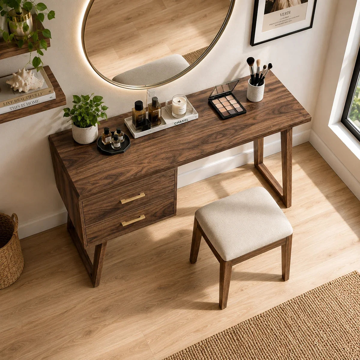 Designer makeup table with visible grain and brass pulls in a refined bedroom interior