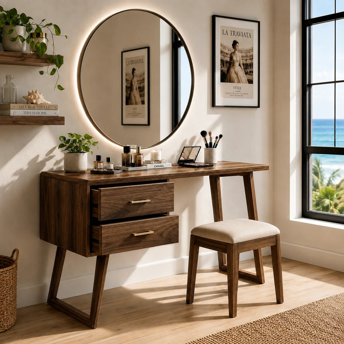 Minimalist vanity desk with two drawers and open leg space for daily beauty routines
