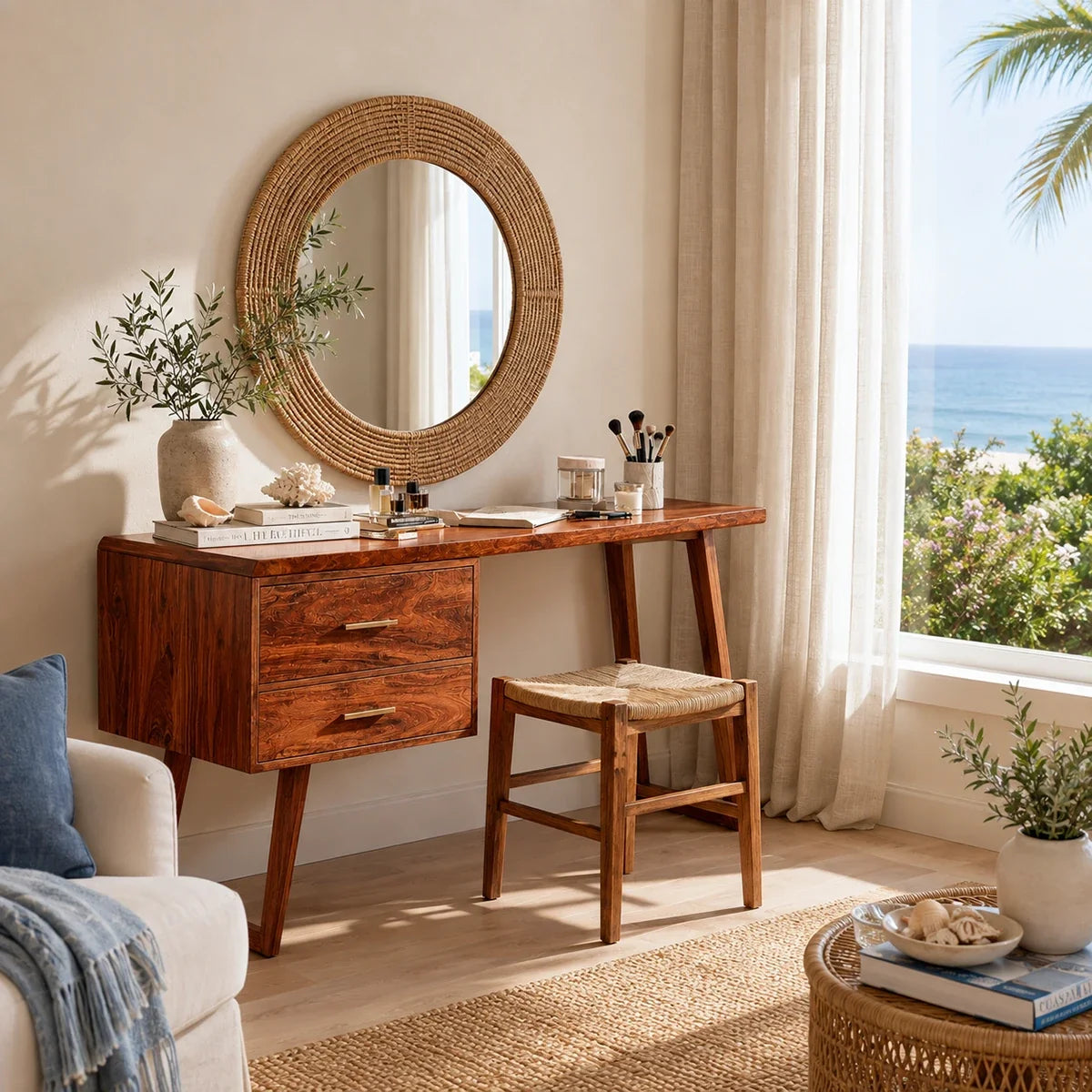 Luxury dressing table with dark wood tone and compact storage near a sunny window