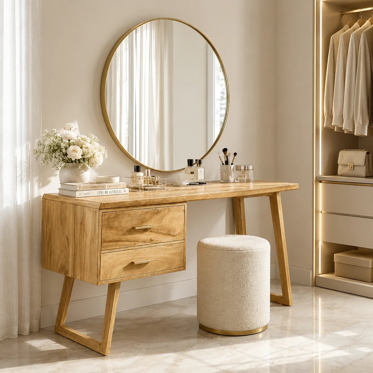 Contemporary makeup vanity showcases clean lines and useful drawer storage indoors
