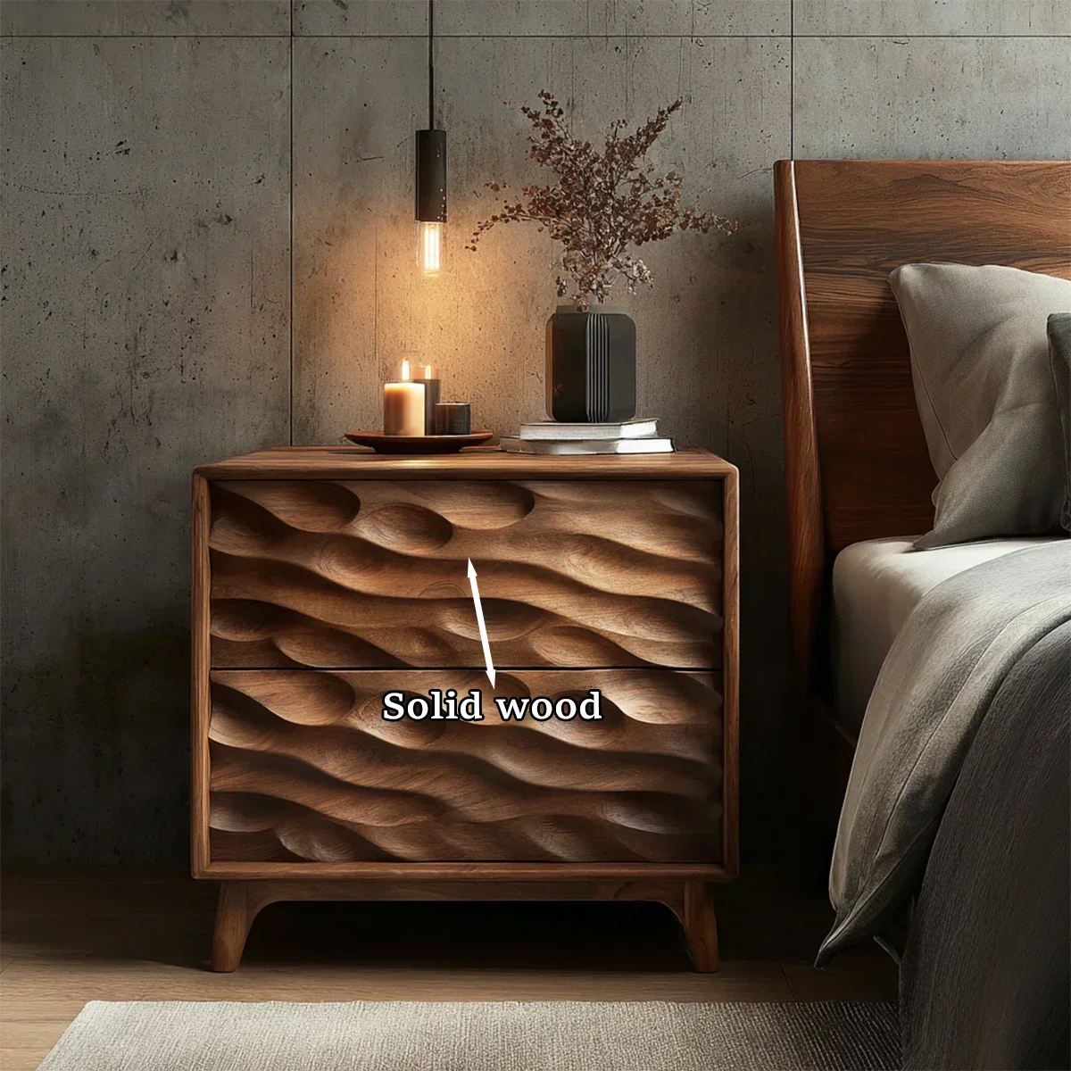 Two Drawer Nightstand with Deep Sculpted Front Panels in Solid Wood - ArborisWood - 10