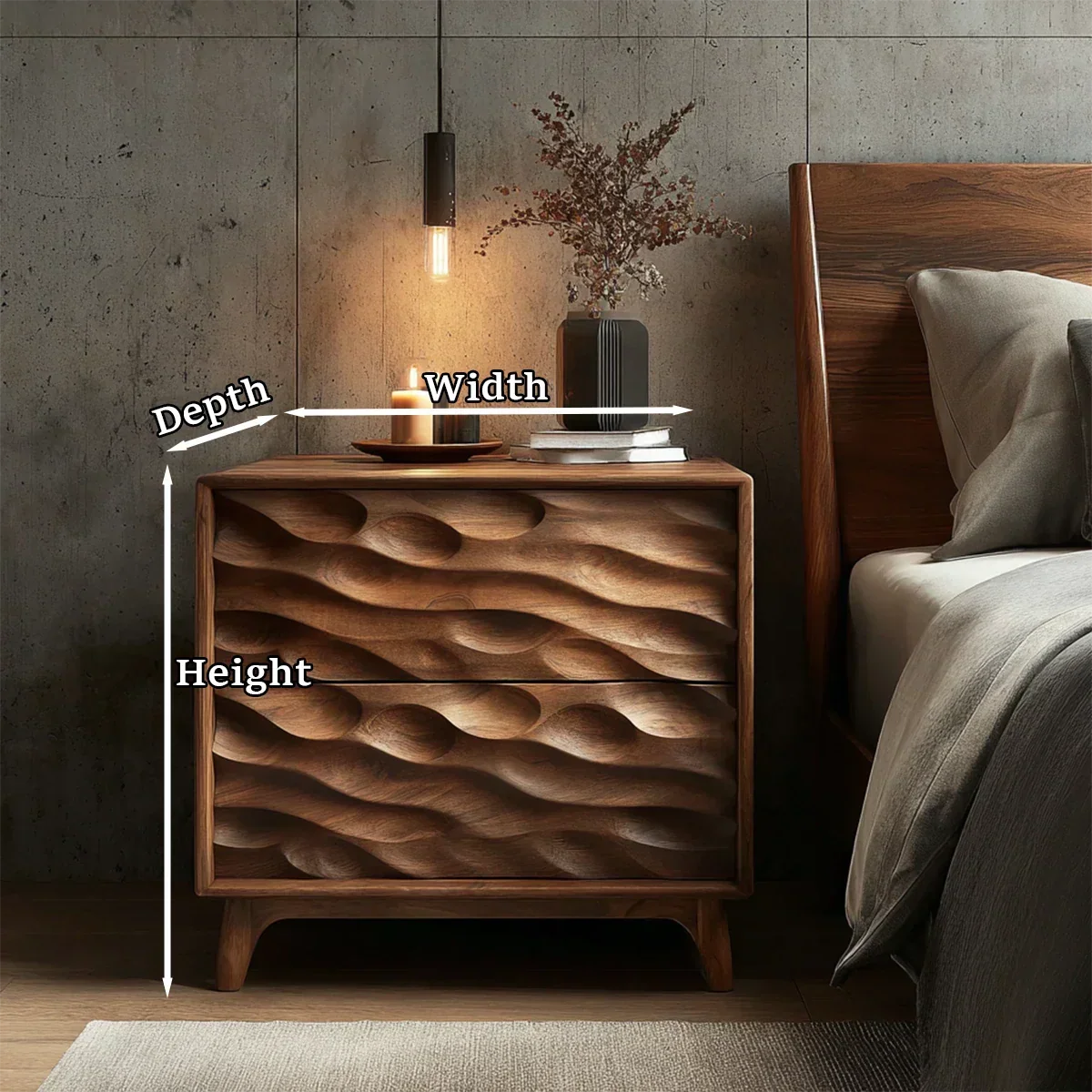 Two Drawer Nightstand with Deep Sculpted Front Panels in Solid Wood - ArborisWood - 11