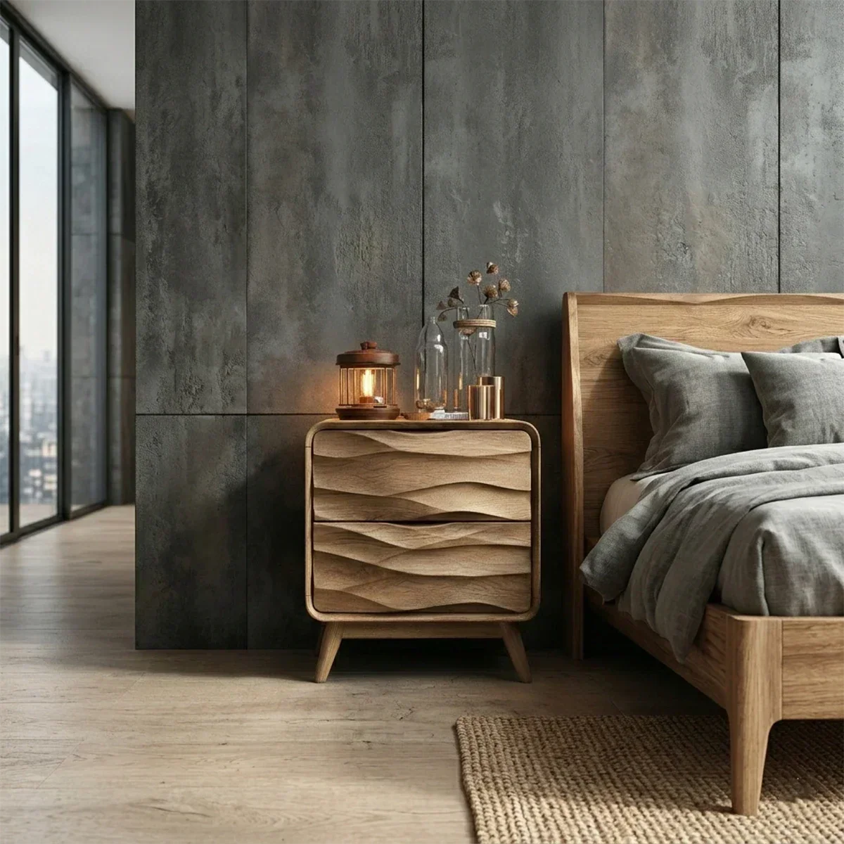 Two Drawer Nightstand with Soft Wave Front in Solid Wood Design - ArborisWood - 3