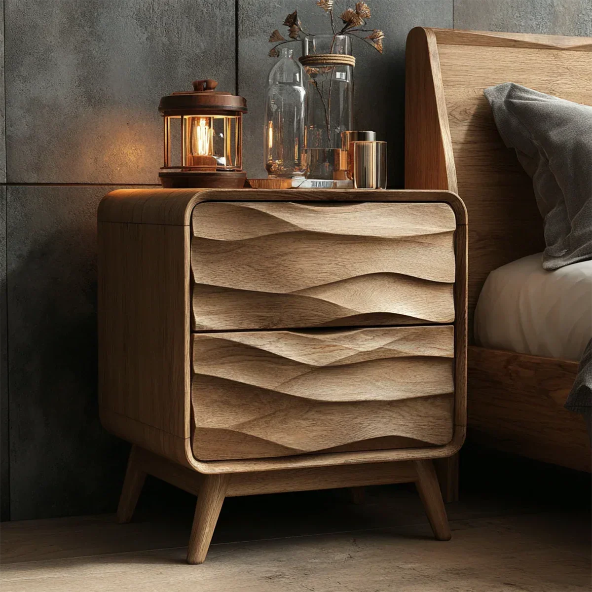 Two Drawer Nightstand with Soft Wave Front in Solid Wood Design - ArborisWood