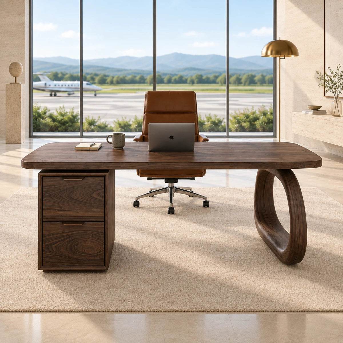A modern writing desk with rounded edges and open leg detail for everyday office use