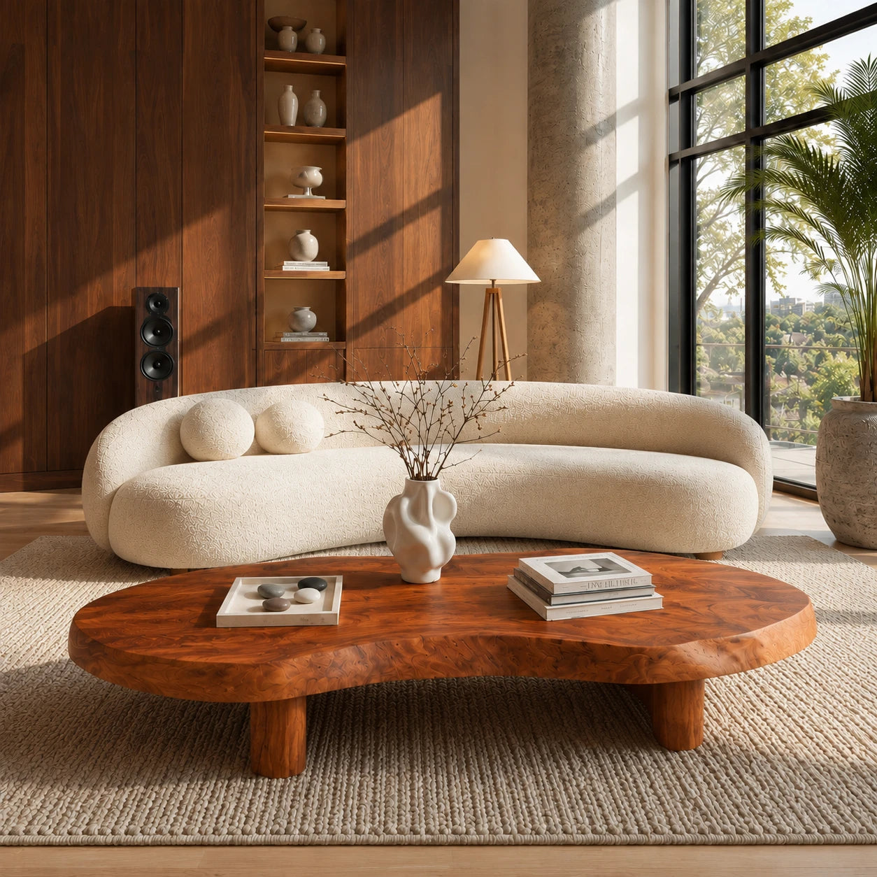 Sculptural coffee table with flowing top edges and bold low base for contemporary rooms