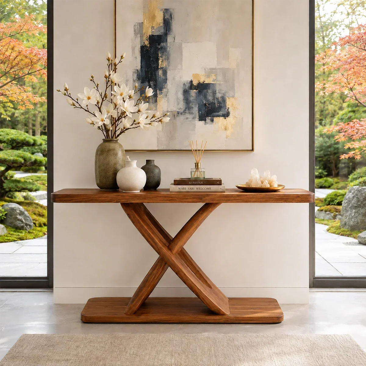 Minimalist console table with clean edges and an architectural crossed base indoors