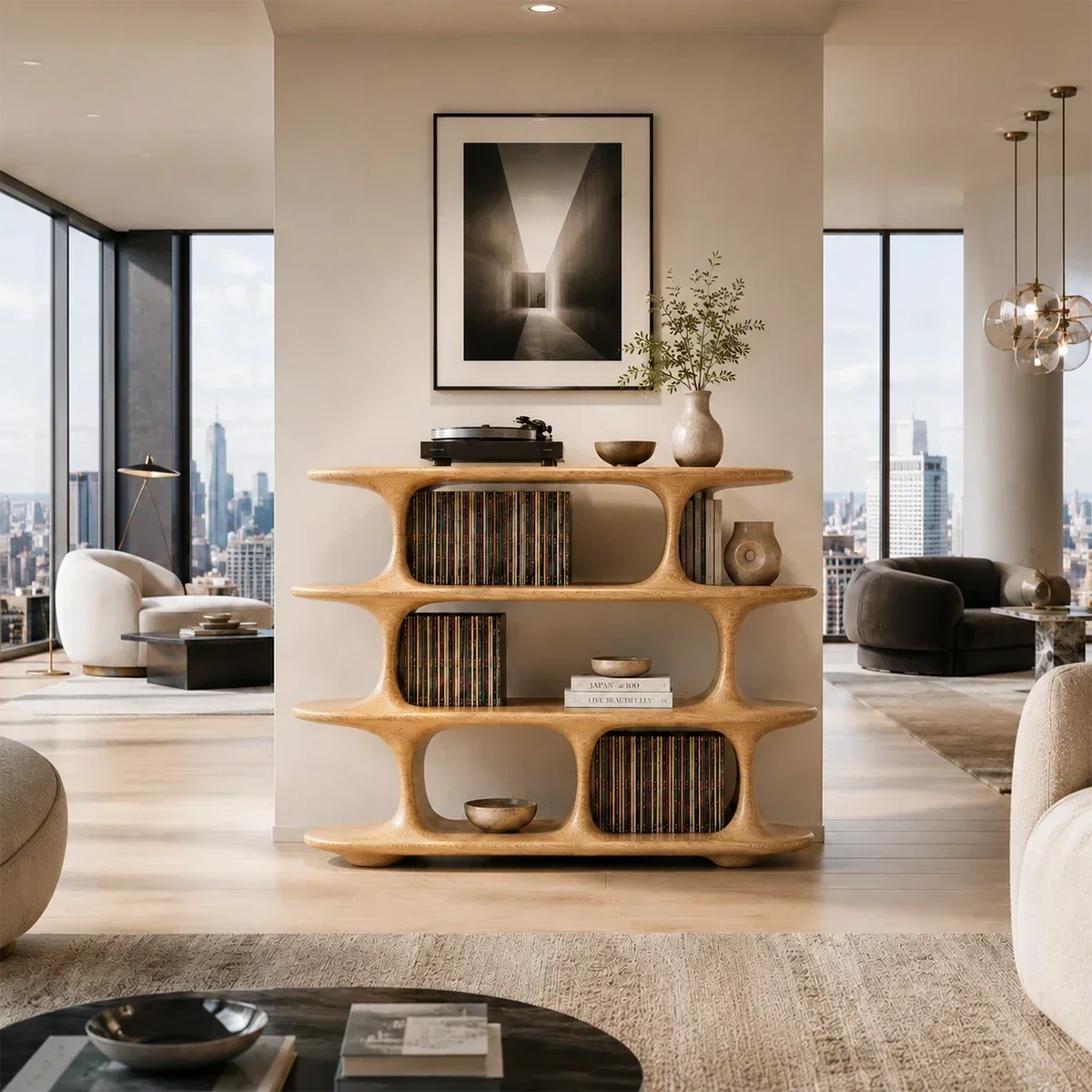Architectural Natural Solid Wood Record Player Stand With Open Vinyl Shelves