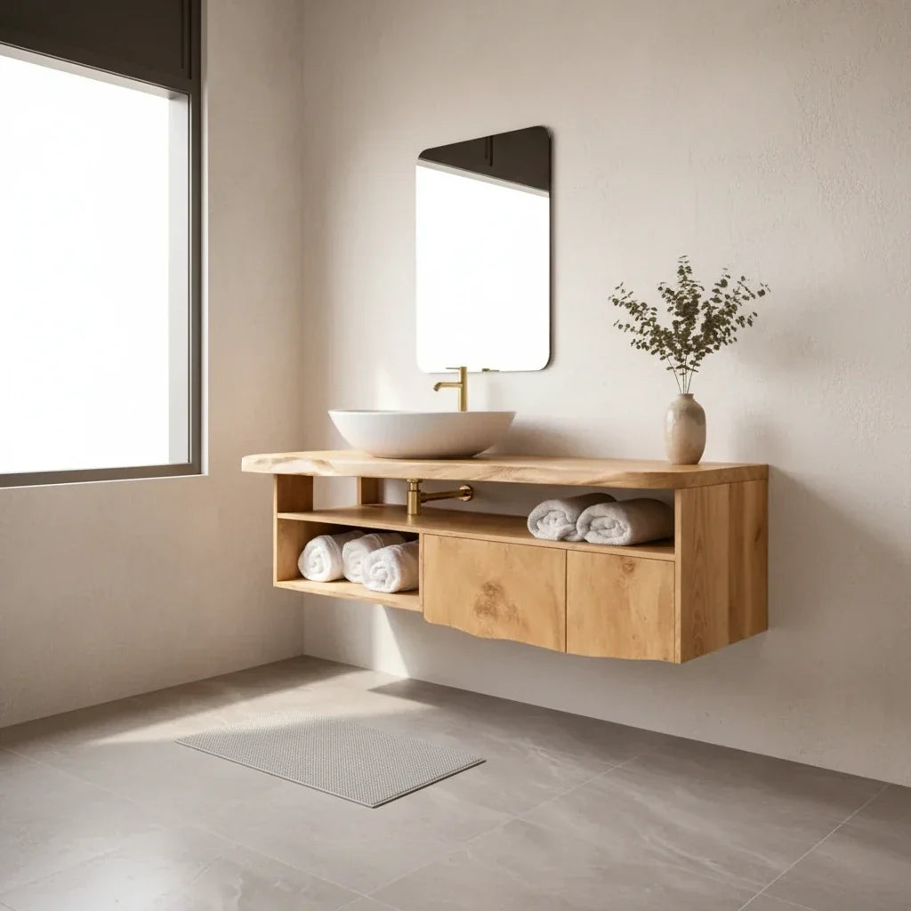 An Oak Bathroom Vanity: Pale Wood in a Room of Hard Surfaces