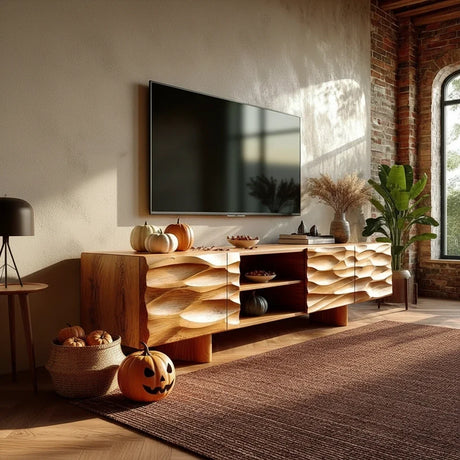 Carved TV Stands: A Wood Landscape That Shifts as Light Drops