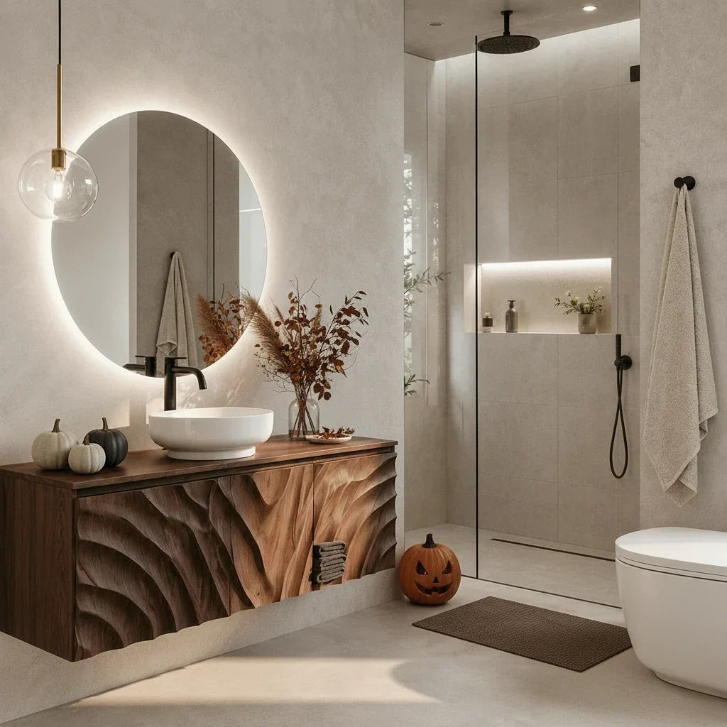 Hand-Carved Vanities: Bathroom Texture That Reads as Autumn Now