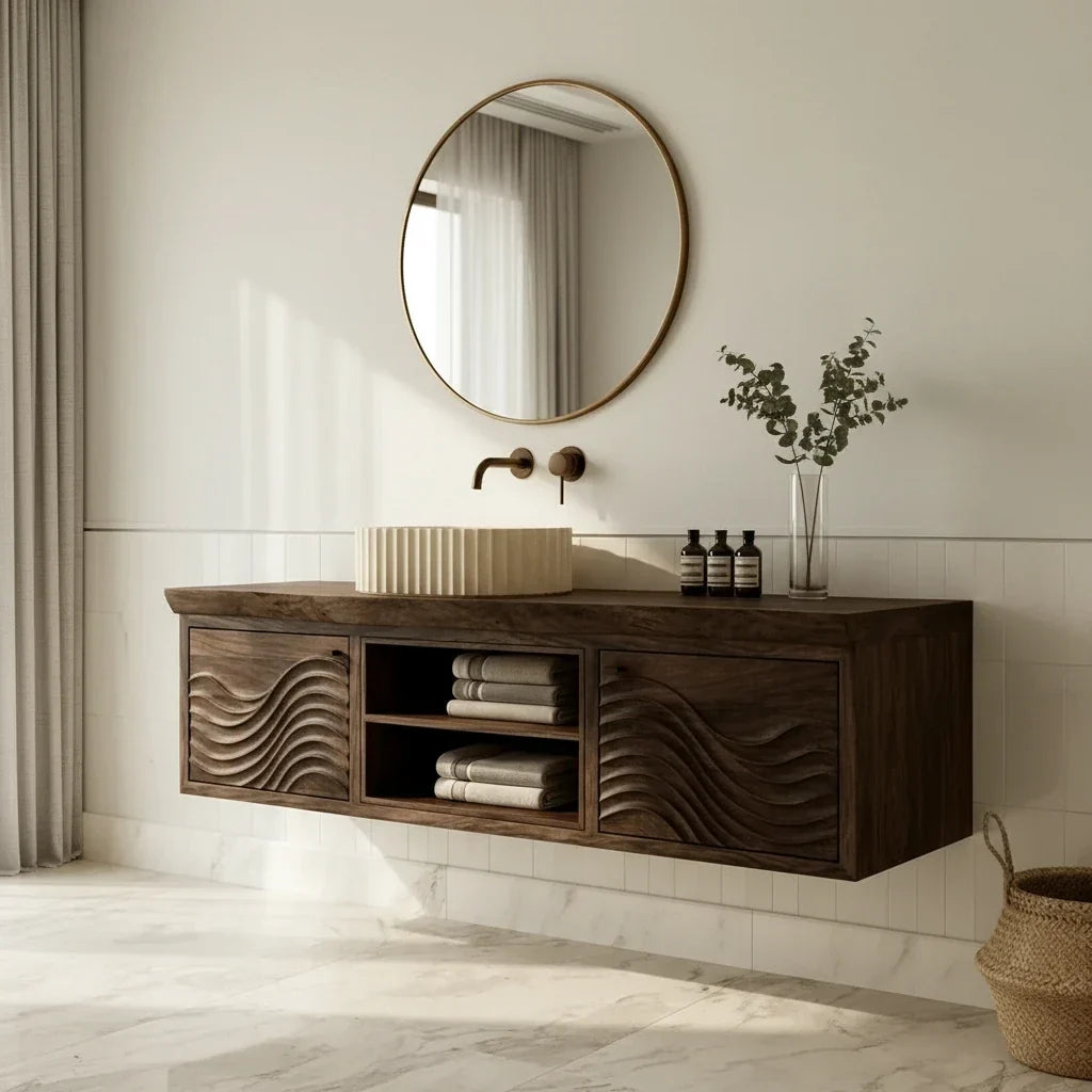 Walnut Bathroom Vanity: Dark Wood Against Pale Tile and Water