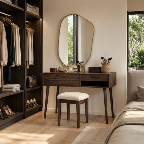 Modern Makeup Vanity Table With Two Drawers and Open Compartment Storage
